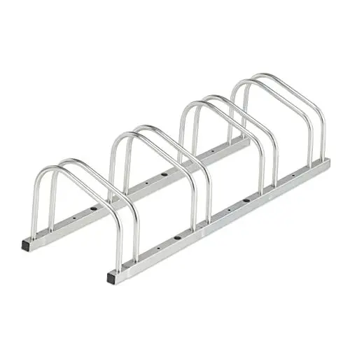 Produktbild: Relaxdays Fahrradständer Boden, für 4 Fahrräder, bis 50 mm Reifenbreite, Metall, Garage, Fahrrad-Aufstellständer, silber