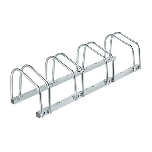 Produktbild: Relaxdays Fahrradständer Boden, für 4 Fahrräder, bis 60 mm Reifenbreite, Metall, Garage, Fahrrad-Aufstellständer, Silber