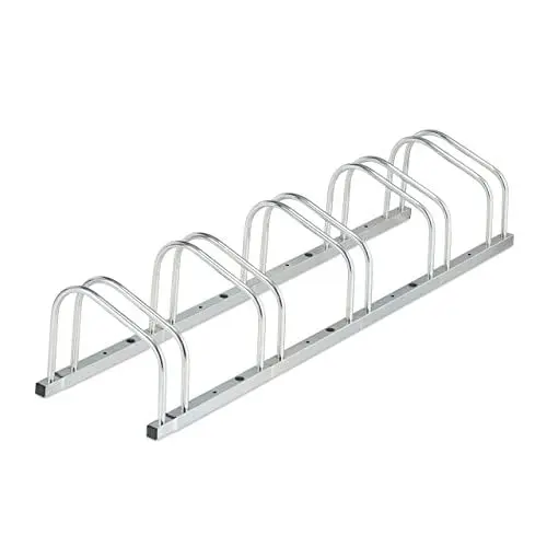 Produktbild: Relaxdays Fahrradständer Boden, für 5 Fahrräder, bis 50 mm Reifenbreite, Metall, Garage, Fahrrad-Aufstellständer, silber