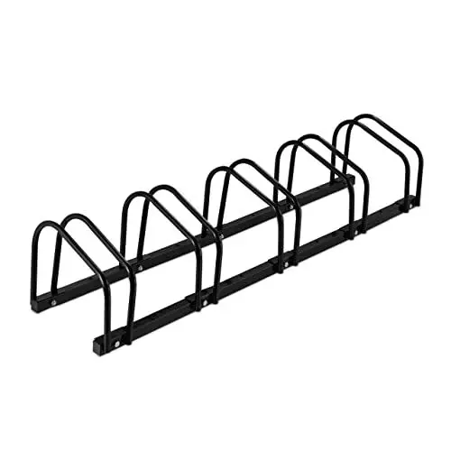 Produktbild: Relaxdays Fahrradständer Boden, für 5 Räder, bis 60 mm Reifenbreite, Metall, Garage, Fahrrad-Aufstellständer, schwarz