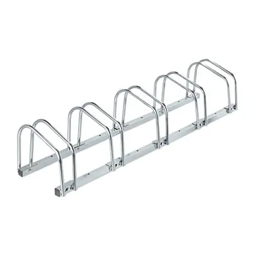 Produktbild: Relaxdays Fahrradständer Boden, für 5 Räder, bis 60 mm Reifenbreite, Metall, Garage, Fahrrad-Aufstellständer, silber