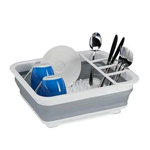 Produktbild: Relaxdays Falt Abtropfgestell, Geschirr & Besteck, Abtropfkorb Küche & Camping, faltbar, Silikon, Kunststoff, weiß-grau 10027853_111, 12.5 x 36.5 x 31.5 cm