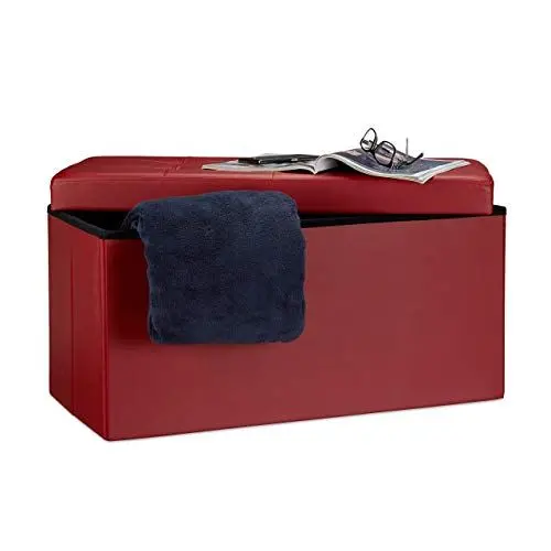 Produktbild: Relaxdays Faltbare Sitzbank 38 x 76 x 38 cm HxBxT, 2-Sitzer m. Stauraum, Kunstleder Sitzhocker bis 300 kg, dunkelrot Sitztruhe