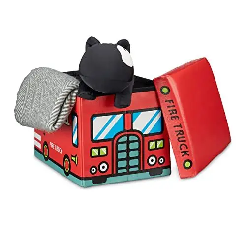 Produktbild: Relaxdays Faltbare Spielzeugkiste Feuerwehr HBT 32 x 48 x 32 cm stabiler Kinder Sitzhocker als Spielzeugbox aus Kunstleder mit Stauraum ca. 37 l und Deckel zum Abnehmen für Kinderzimmer, Firetruck