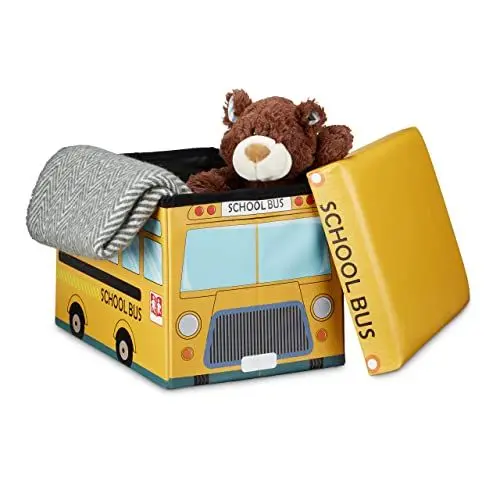 Produktbild: Relaxdays Faltbare Spielzeugkiste Schulbus HBT 32 x 48 x 32 cm stabiler Kinder Sitzhocker als Spielzeugbox aus Kunstleder mit Stauraum ca. 37 l und Deckel zum Abnehmen für Kinderzimmer, School-Bus