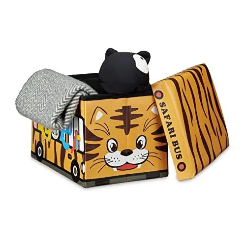 Produktbild: Relaxdays Faltbare Spielzeugkiste Tiger HBT 32 x 48 x 32 cm stabiler Kinder Sitzhocker als Spielzeugbox aus Kunstleder mit Stauraum ca. 37 l und Deckel zum Abnehmen für Kinderzimmer, Safari Bus