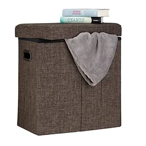 Produktbild: Relaxdays Faltbarer Sitzhocker, HxBxT: 49,5 x 46 x 25,5 cm, mit Stauraum, Griffe, Leinen, Polyester, MDF, braun