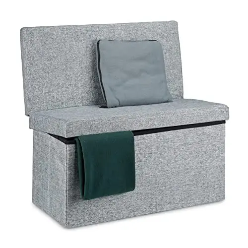 Produktbild: Relaxdays Faltbarer Sitzhocker mit Lehne L HBT 73 x 76 x 38 cm Sitzbank und stabiler Sitzcube als Fußablage Sitzwürfel aus Leinen als Aufbewahrungsbox Truhenbank mit Stauraum mit Deckel, grau