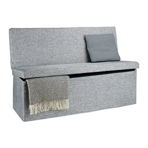 Produktbild: Relaxdays Faltbarer Sitzhocker mit Lehne XL HBT 73 x 114 x 38 cm stabiler Sitzcube als Fußablage Sitzbank und Sitzwürfel aus Leinen als Aufbewahrungsbox mit Stauraum mit Deckel für Wohnraum, grau