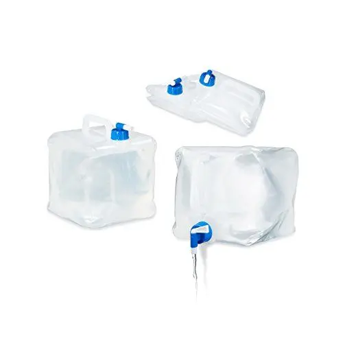 Produktbild: Relaxdays Faltkanister 4er Set, 10 l, Hahn, Schraubdeckel, Griff, Wasserkanister Camping, BPA-frei, transparent/blau