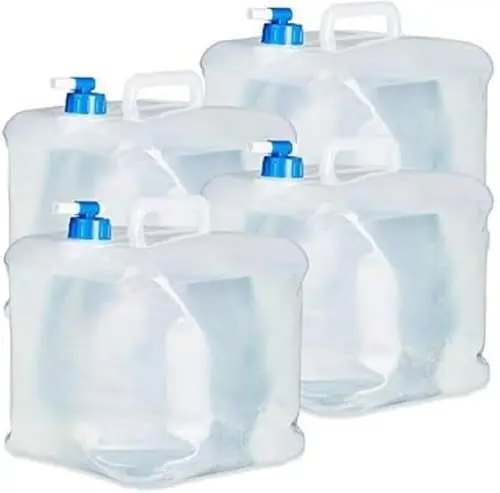 Produktbild: Relaxdays Faltkanister 4er Set, 15 l, Hahn, Schraubdeckel, Griff, Wasserkanister Camping, BPA-frei, transparent/blau, Lebensmittelecht