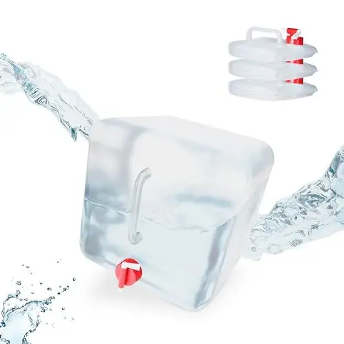Produktbild: Relaxdays Faltkanister 4er Set, 15 l, Hahn, Schraubdeckel, Tragegriff, Wasserkanister Camping, BPA-frei, transparent/rot