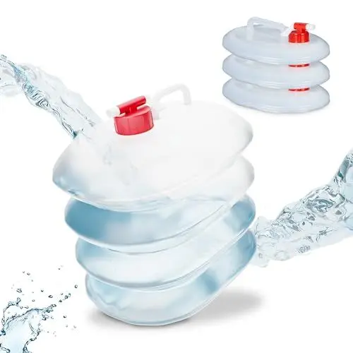 Produktbild: Relaxdays Faltkanister 4er Set, 5 Liter, Faltbare Wasserkanister mit Hahn, BPA-frei, Plastikkanister, transparent/rot