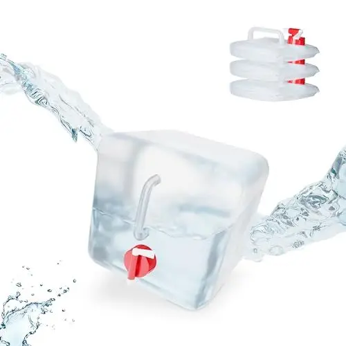 Produktbild: Relaxdays Faltkanister 4er Set, 5 l, Hahn, Schraubdeckel, Tragegriff, Wasserkanister Camping, BPA-frei, transparent/rot