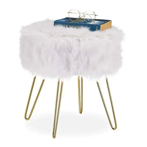 Produktbild: Relaxdays Fellhocker, Kunstfell, Metallgestell, rund, flauschig, eleganter Schminktischhocker, HxD 40 x 38 cm, weiß/Gold