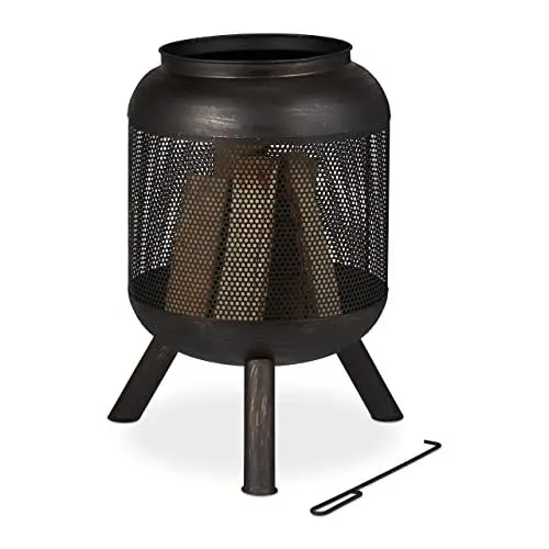 Produktbild: Relaxdays Feuerkorb, Mesh Design, Feuerrost, Schürhaken, HxD: 69 x 44 cm, Feuertonne, gebürsteter Stahl, schwarz-Bronze