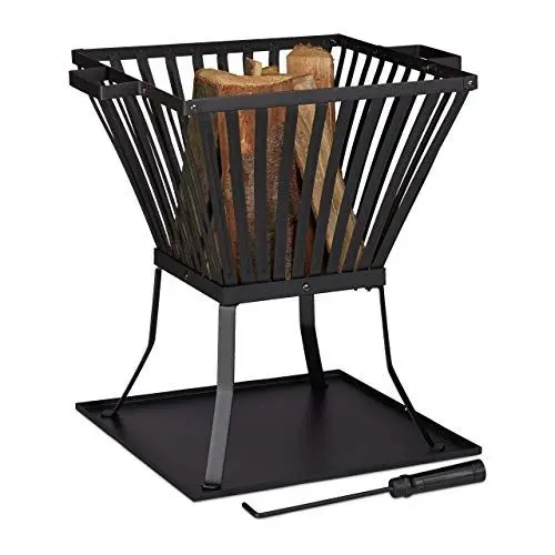 Produktbild: Relaxdays Feuerkorb XL mit Schürhaken, Terrasse u. Garten Feuerschale mit Unterlage, für Holz, HBT 56x56,5x45cm, schwarz
