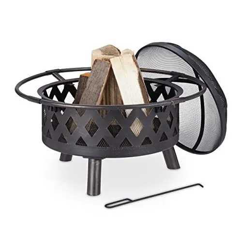 Produktbild: Relaxdays Feuerschale, Feuerstelle mit Funkenschutz & Schürhaken, HxD 53 x 76 cm, Stahl, Garten Feuerkorb antik, Bronze