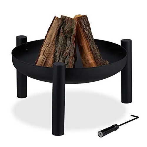 Produktbild: Relaxdays Feuerschale, Ø 60 cm, inkl. Schürhaken, Garten & Terrasse, Outdoor Feuerstelle, Feuerkorb, Stahl, schwarz