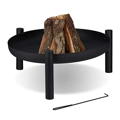 Produktbild: Relaxdays Feuerschale, Ø 80 cm, Feuerwanne aus Stahl, inklusive Schürhaken, Feuerstelle für Garten & Terrasse, schwarz