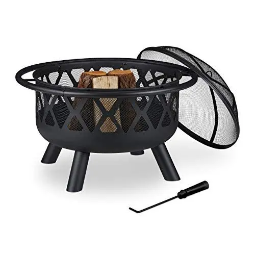 Produktbild: Relaxdays Feuerschale mit Funkenschutz, Garten & Terrasse, mit Schürhaken, Outdoor Feuerstelle, Stahl, Ø 63.5 cm, schwarz