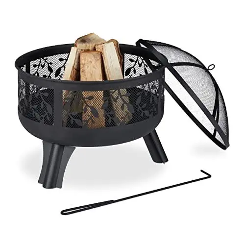 Produktbild: Relaxdays Feuerschale, mit Funkenschutz & Feuerrost, Schürhaken, Blättermotiv, Schale Ø 62 cm, Garten Feuerkorb, schwarz