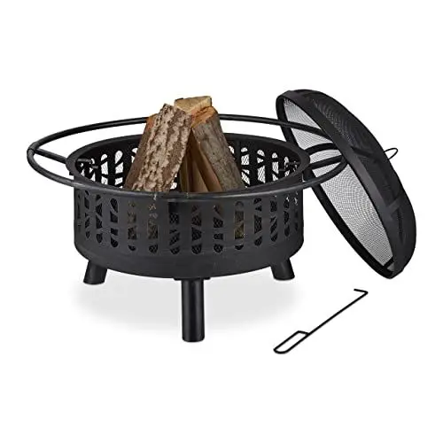 Produktbild: Relaxdays Feuerschale, mit Funkenschutz & Kohlerost, Schürhaken, Garten & Terrasse, HxD: 55 x 75 cm, Feuerkorb, schwarz