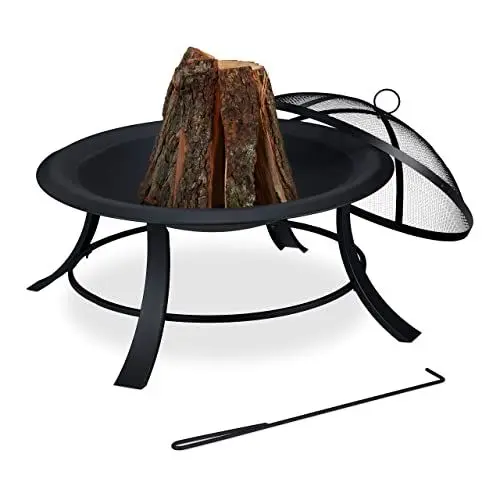 Produktbild: Relaxdays Feuerschale, mit Funkenschutz & Kohlerost, Schürhaken, Garten & Terrasse, Schale Ø 75 cm, Feuerkorb, schwarz