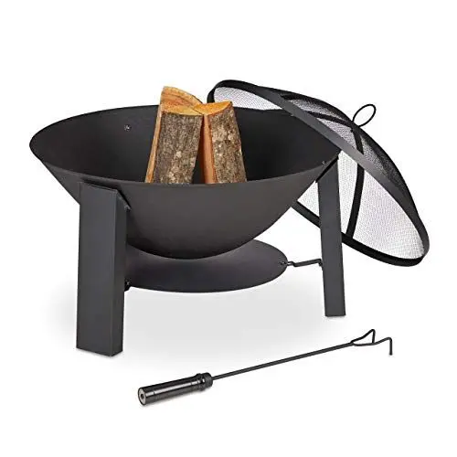 Produktbild: Relaxdays Feuerschale mit Funkenschutz & Schürhaken, für Garten & Terrasse, HxD: 51 x 60 cm, Gusseisen & Stahl, schwarz