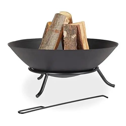 Produktbild: Relaxdays Feuerschale, mit Schürhaken, für Garten & Terrasse, HxD: 23 x 57 cm, Gusseisen & Stahl, Feuerkorb, schwarz