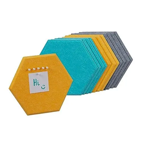 Produktbild: Relaxdays Filzpinnwand, 12 Selbstklebende Sechsecke, 3 Farben, Filz, HBT: 26x30x0,9 cm, Filzwand inkl. Pinnnadeln, bunt, 12er Set Farbmix