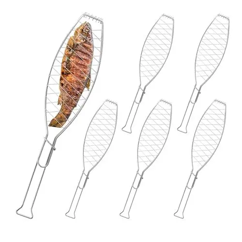 Produktbild: Relaxdays Fischbräter 6er Set, Edelstahl, mit Griff, 54 cm lang, Fischhalter zum Grillen, Grillguthalter Fisch, Silber
