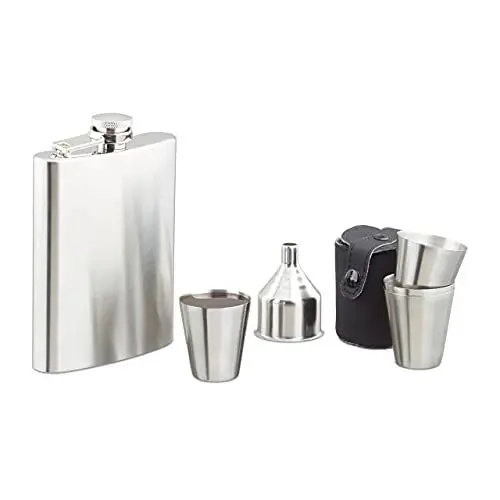 Produktbild: Relaxdays Flachmann Set Edelstahl 7 teilig, 200 ml Flachmann mit Trichter und 4 Becher für Camping und Festival, silber