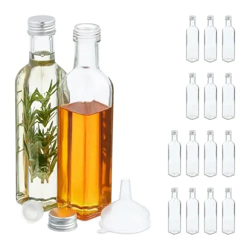 Produktbild: Relaxdays Flaschen zum Befüllen, 16er Set, leere Glasflaschen, für Likör, Öl, Saft, Schnapsflaschen, 250 ml, transparent