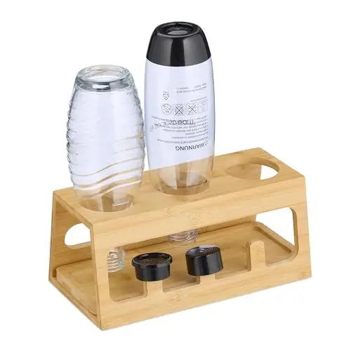 Produktbild: Relaxdays Flaschenhalter kompatibel mit Sodastream-Flaschen, Bambus, mit Abtropfschale, 3er Flaschenständer, natur