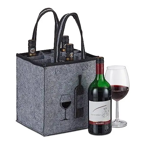 Produktbild: Relaxdays Flaschentasche, 9 Flaschen, Flaschenträger mit Motiv, HBT 45 x 24 x 24 cm, Filztasche Wein, Bier & Sekt, grau