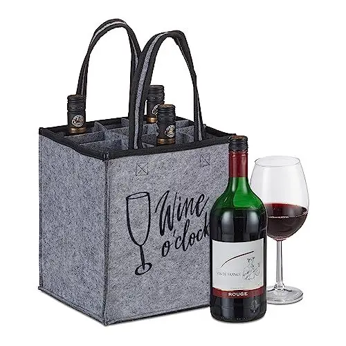 Produktbild: Relaxdays Flaschentasche, 9 Flaschen, Flaschenträger mit Spruch, HBT 45 x 24 x 24 cm, Filztasche Wein, Bier & Sekt, grau