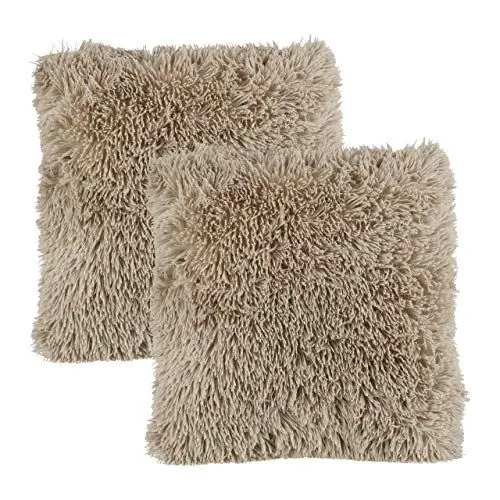 Produktbild: Relaxdays Flauschige Kissen, 2er Set, 40x40 cm, mit Füllung, kuschelweich, Fluffy Zottel Bezug, Deko Zierkissen, braun