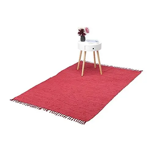 Produktbild: Relaxdays Flickenteppich, 120 x 180 cm, Baumwolle, handgewebt, rutschfest, waschbar, mit Fransen, Fleckerlteppich, rot