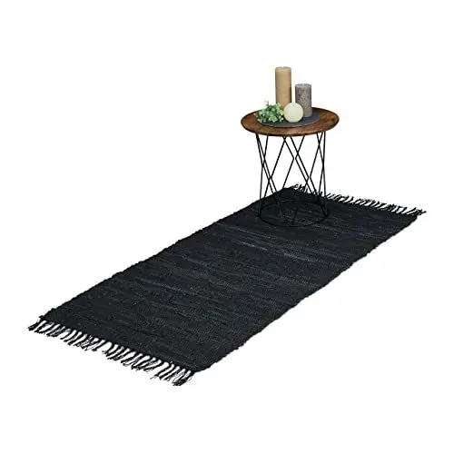 Produktbild: Relaxdays Flickenteppich, 70x140 cm, Baumwolle & Leder, Teppichläufer mit Fransen, rutschfest, Fleckerlteppich, schwarz, 10039894_699