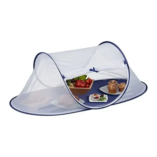 Produktbild: Relaxdays Fliegenhaube Lebensmittel, Faltbare Abdeckhaube für Obst, Kuchen, HBT: 40 x 110 x 58 cm, Obsthaube, blau/weiß