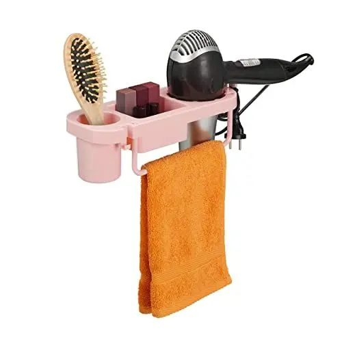 Produktbild: Relaxdays Föhn Halterung ohne Bohren, Kunststoff, mit Kabelhalter & Ablagen, Föhnhalter Wand, HBT: 9x30x10,5 cm, rosa