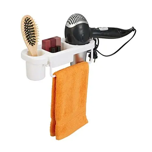 Produktbild: Relaxdays Föhn Halterung ohne Bohren, Kunststoff, mit Kabelhalter & Ablagen, Föhnhalter Wand, HBT: 9x30x10,5 cm, weiß