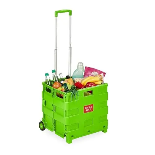 Produktbild: Relaxdays Folding Shopping Trolley Einkaufstrolley, Klapptrolley mit Rollen & Teleskopgriff, bis 35 kg, Faltbare Einkaufshilfe, Rolltrolley, grün, Gummi, 98 x 45,5 x 37 cm