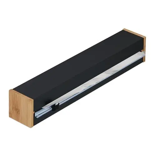 Produktbild: Relaxdays Folienschneider, HxBxT: 6x35x7 cm, Folienabroller magnetisch, Frischhalte-& Alufolie, Foliencutter, schwarz
