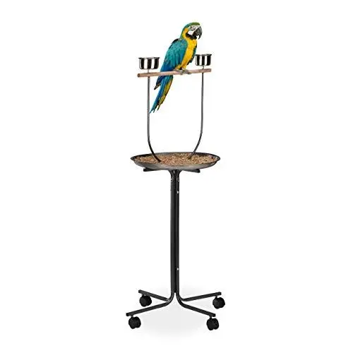 Produktbild: Relaxdays Freisitz für Papageien, Anflugstange, 2 Futternäpfe, rollbar, Nymphensittich, HBT: 130 x 60 x 60 cm, Silber