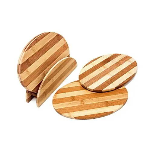 Produktbild: Relaxdays Frühstücksbrettchen aus Bambus HxBxT: ca. 0,5 x 25 x 18 cm Küchenbretter im Set 4 Stück mit Halter Schneidebretter gestreift beidseitig verwendbar mit Brettchenständer messerschonend, natur