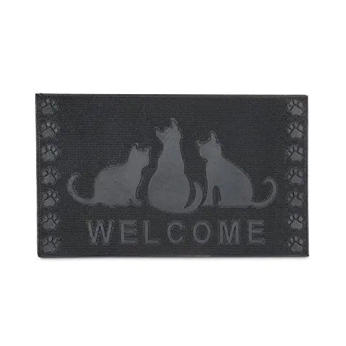 Produktbild: Relaxdays Fußmatte Gummi mit Katzen-Motiv Welcome als Fußabtreter Schmutzmatte rutschfest und witterungsbeständig bei Regen, Schnee als Türvorleger mit Katze HBT: ca. 0,5 x 75 x 45 cm, schwarz
