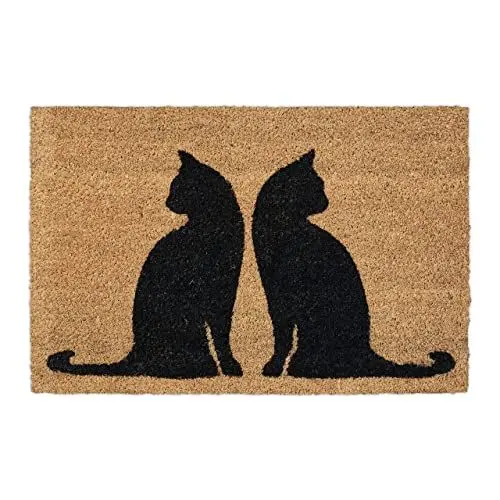 Produktbild: Relaxdays Fußmatte Kokos, 40 x 60 cm, Türmatte mit Katzenmotiv, innen & außen, Rutschfester Fußabtreter, Natur/schwarz