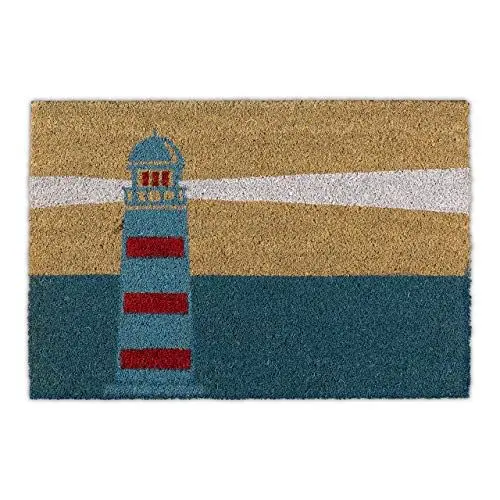 Produktbild: Relaxdays Fußmatte Kokos, 40x60 cm, Kokosmatte Leuchtturm Motiv, Rutschfester Schuhabtreter, innen & außen, Mehrfarbig, 1 Stück